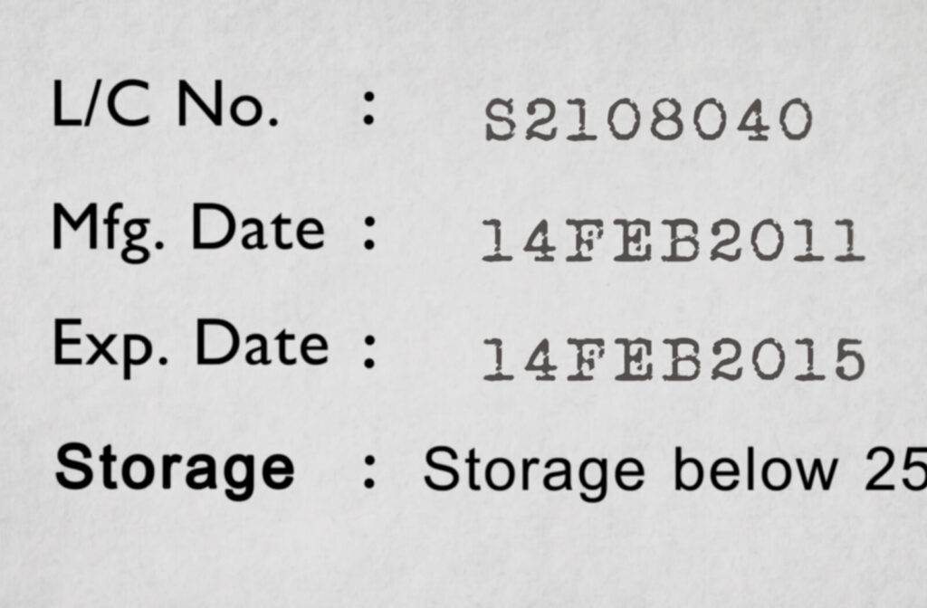 Eye drops label indicating the expiration date.
