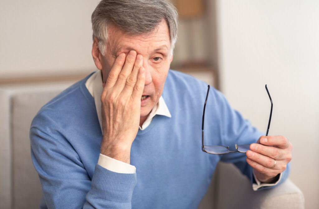 An older adult man sitting on a couch and holding his glasses in his left hand as he rubs his right eye with his other hand.